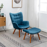 Tufted Curvy Long Back Sea Blue Lounge Chair With Ottoman